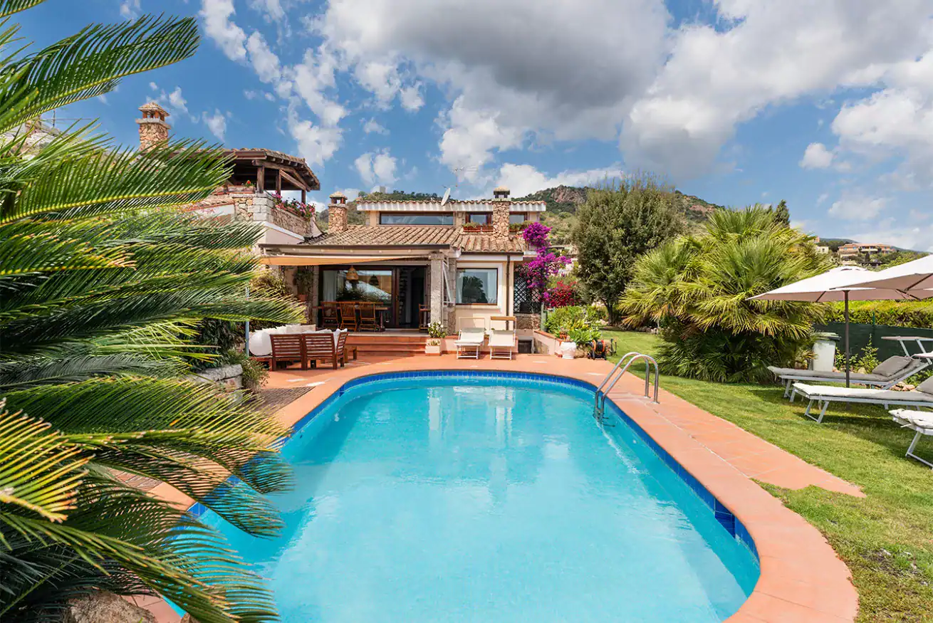 a swimming pool surrounded by greenery