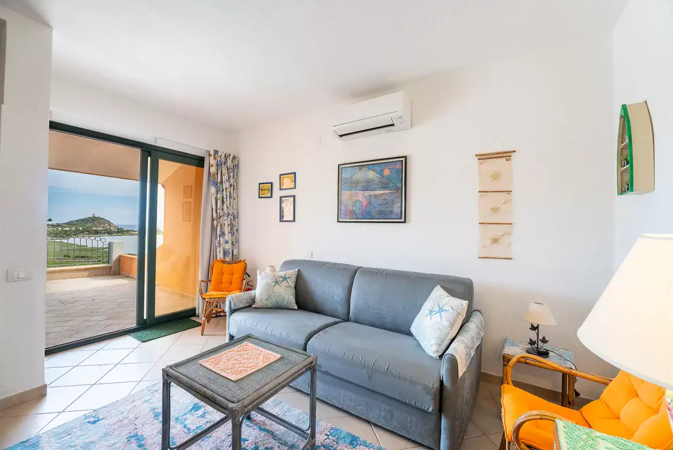 a bright interior with sea views